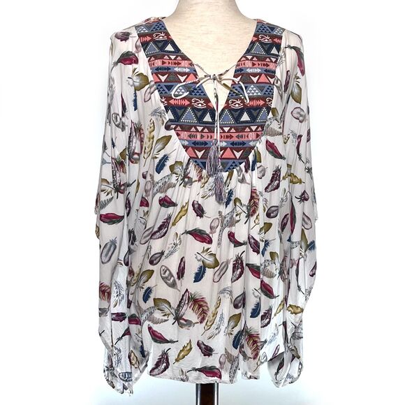 Umgee Tops - Umgee Cream Feather Print Batwing Boho Women's Top L